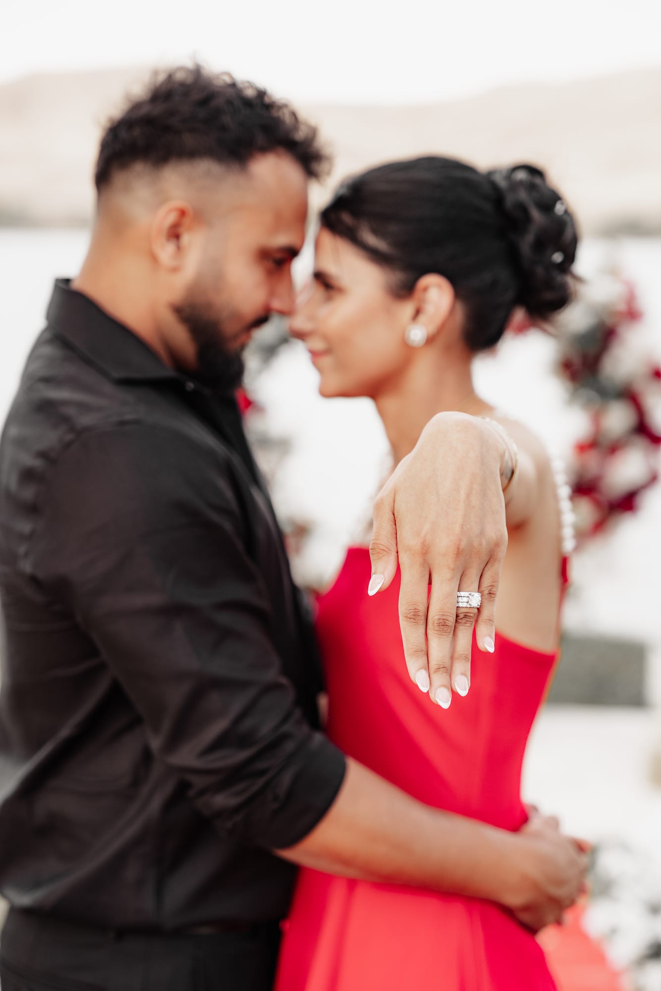 Close wedding portrait with engagement ring detail